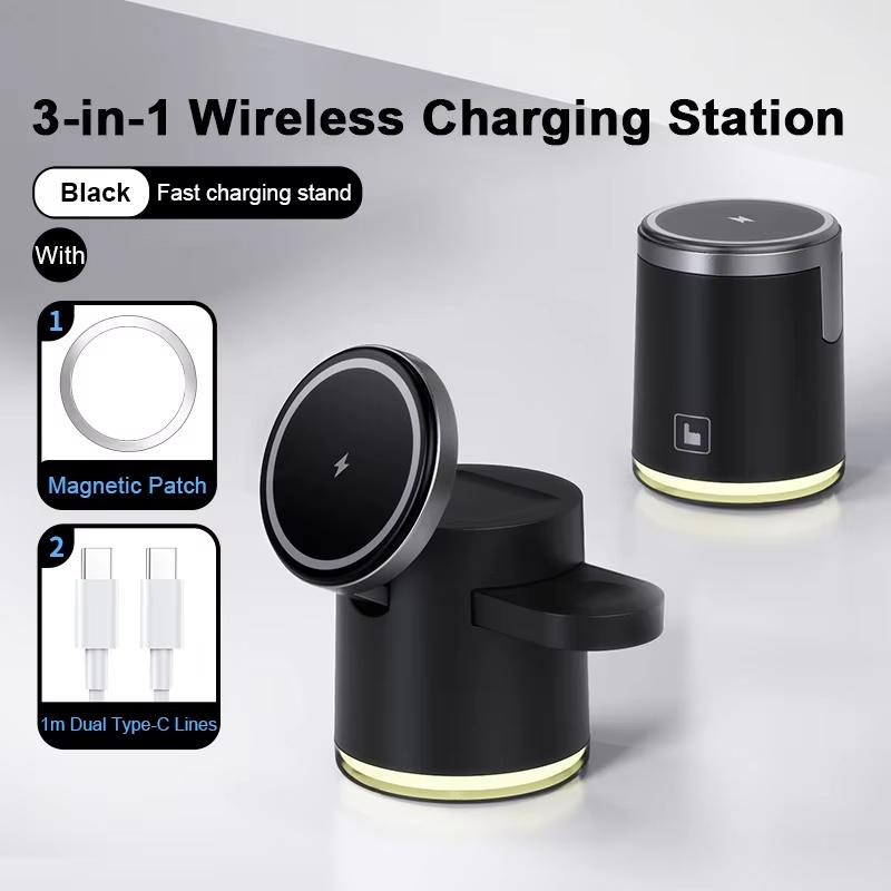 Qi2 Wireless Charger Fast Charging Dock Stand Bottom with light For Magsafe iPhone 16 15 14 Pro Max Airpods Pro 2-8 Apple Watch