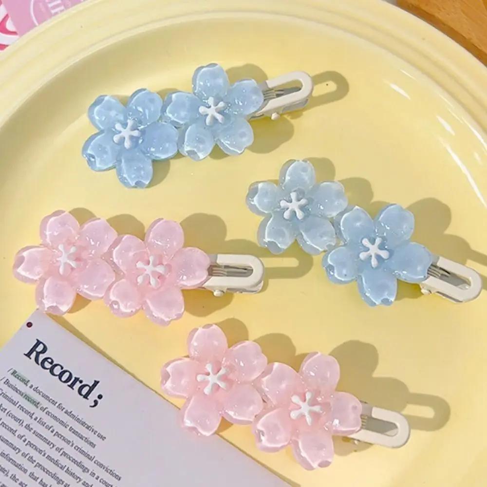 Transparent Cherry Blossom Hair Clips Blue Pink Lace Clips Cute Flower Duckbill Clip Bangs Clip Headband Accessory Versatile New