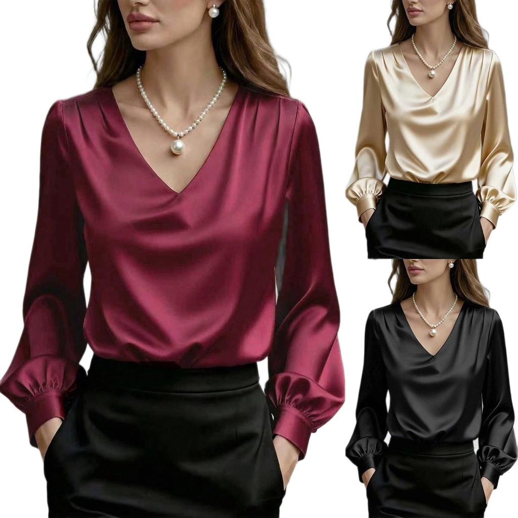 New Women's French Elegant Puff Sleeve V-neck Satin Long Sleeve Blouse