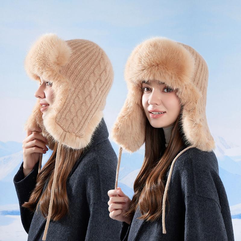 Winter Cashmere Cold-Proof Knitted Hat Women's Outdoor Cycling Warm Ear Protection Cap Bomber Hat