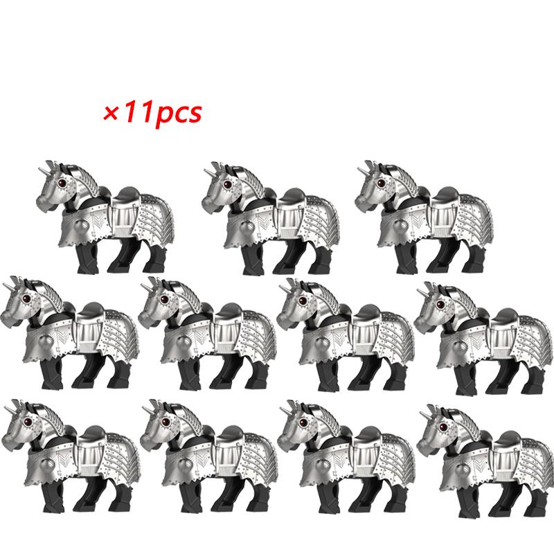 11pcs Medieval Gothic War Horse Building Blocks Silver/Gold/Iron/Armored Horses Battle Steed DIY Bricks Toys