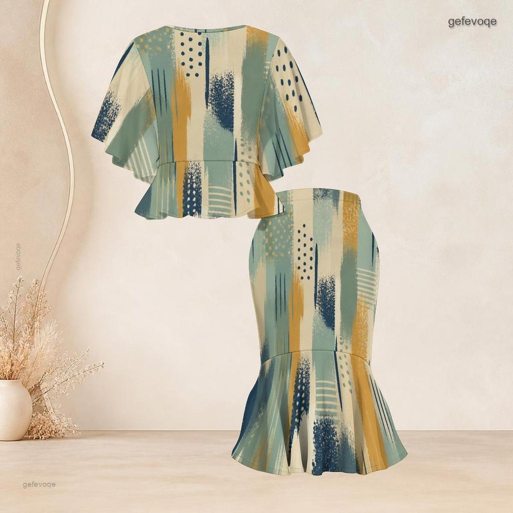 Women Plus Size Round Neck Batwing Short Sleeve Blue Green Printed Ruffle Hem Top Fishtail Skirt Two Piece Set