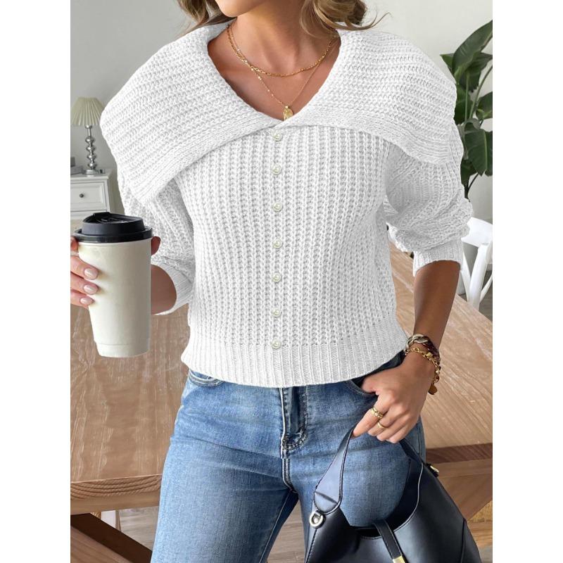 Damen Herbst/Winter Kurzer Pullover mit Perlenrevers