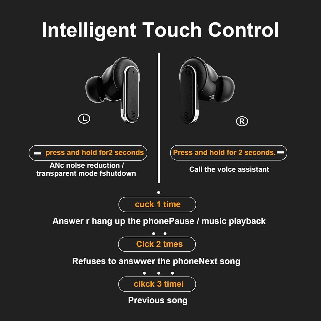 Smart Touchscreen Wireless Bluetooth 5.3 Headset, Super Smart Noise Canceling Earbuds, in-Ear Earbuds with Ear Caps, IPX56 Water Resistant, for