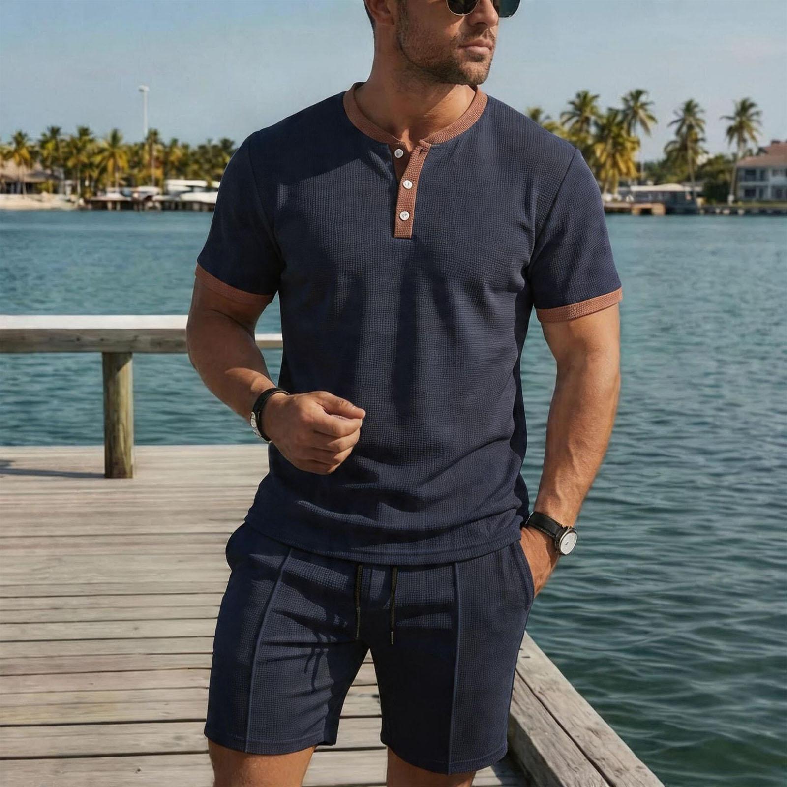 

Men s Casual Vintage Waffle Knit Short Sleeve Henley Shirt with Button Placket and Lightweight Breathable Drawstring Waist Shorts Set L тёмно-синий
