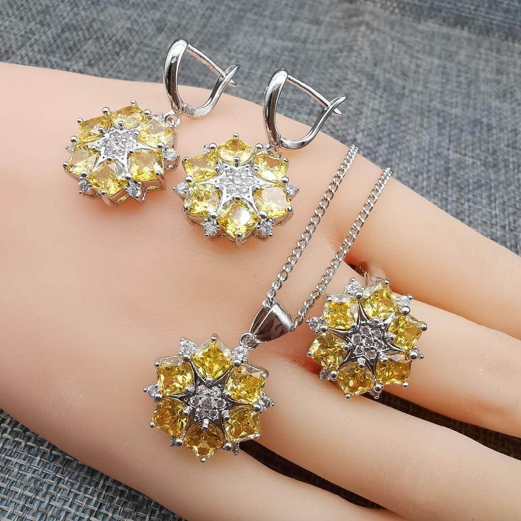 Explosions Fashion Jewelry Crystal Square Zircon Necklace Earrings Ring Set of Three
