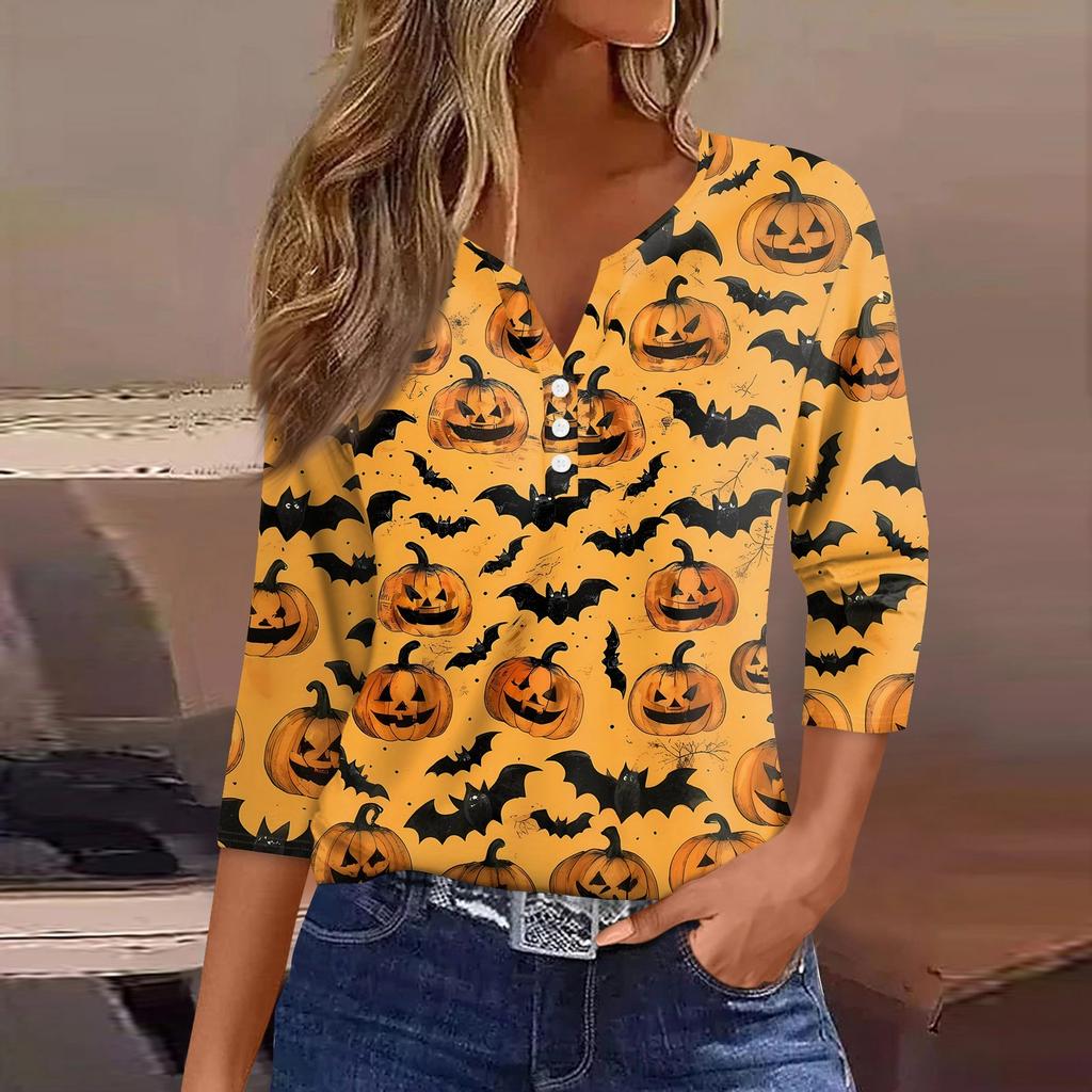 Damen-T-Shirt mit Halloween-Aufdruck und Knopfleiste, 3/4-Ärmel, modisch für den Alltag und das Wochenende, Basic, V-Ausschnitt, normales Oberteil