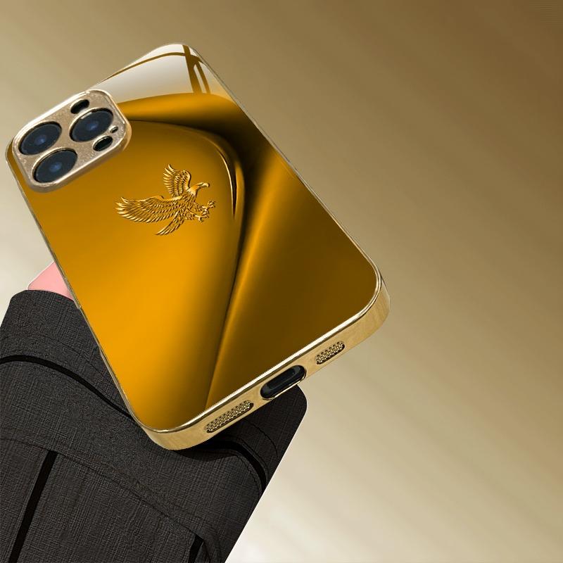 Simple Line Eagle Pattern Gold Metallic Paint Glass Phone Case For iPhone 17 16 15 14 13 12 11 Pro Max 14 Plus 17 Air 16E Cover
