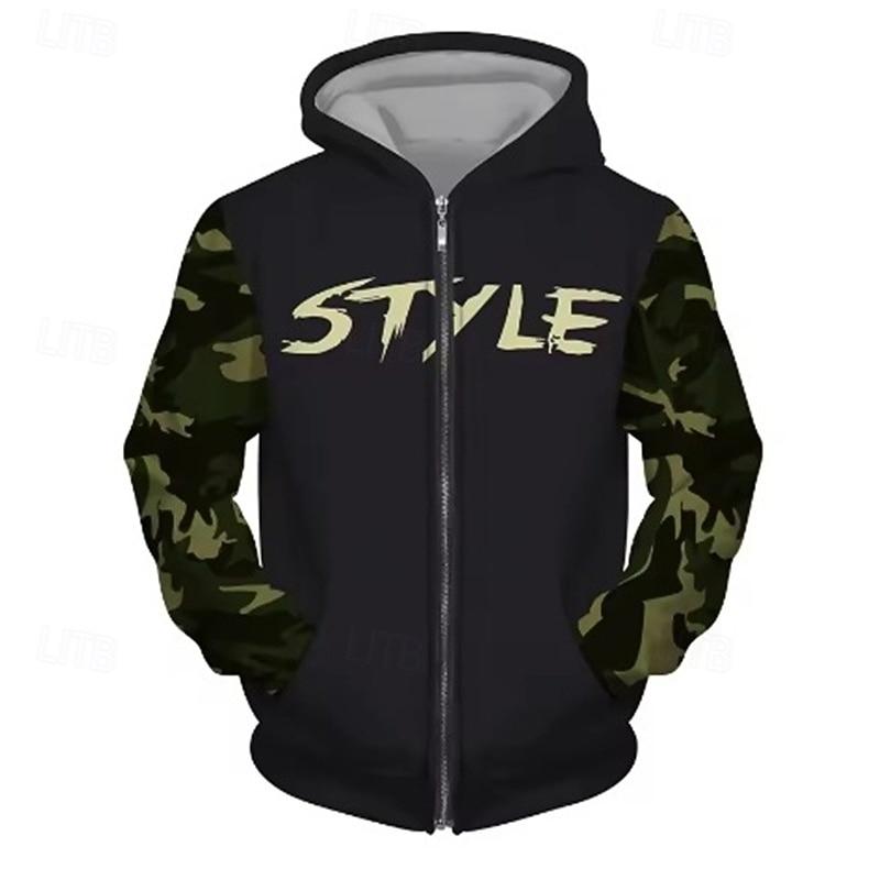 Men s Hoodie Full Zip Hoodie Black Brown Khaki Hooded Letter Camo / Camouflage Patchwork Pocket Sports M