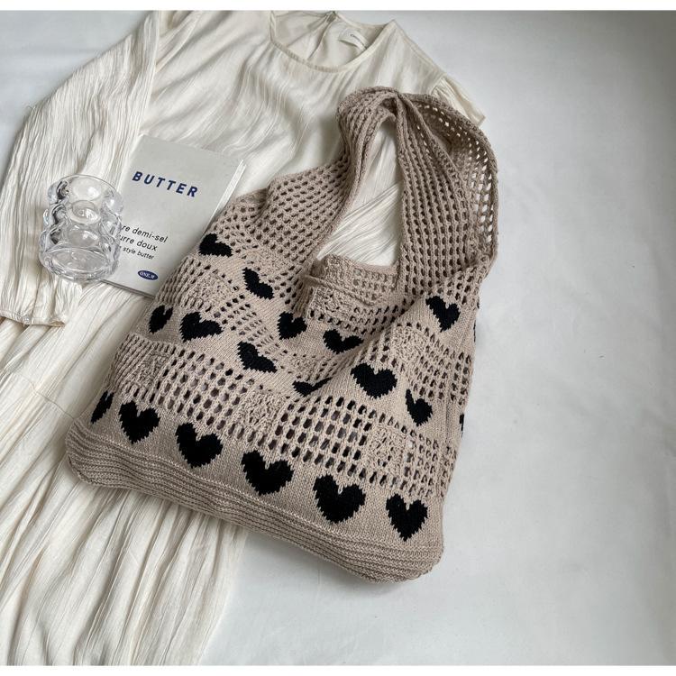 

2024 Women s Heart Cutout Knitted Tote: Large-Capacity Handbag, Beach & Shopping Bag хаки