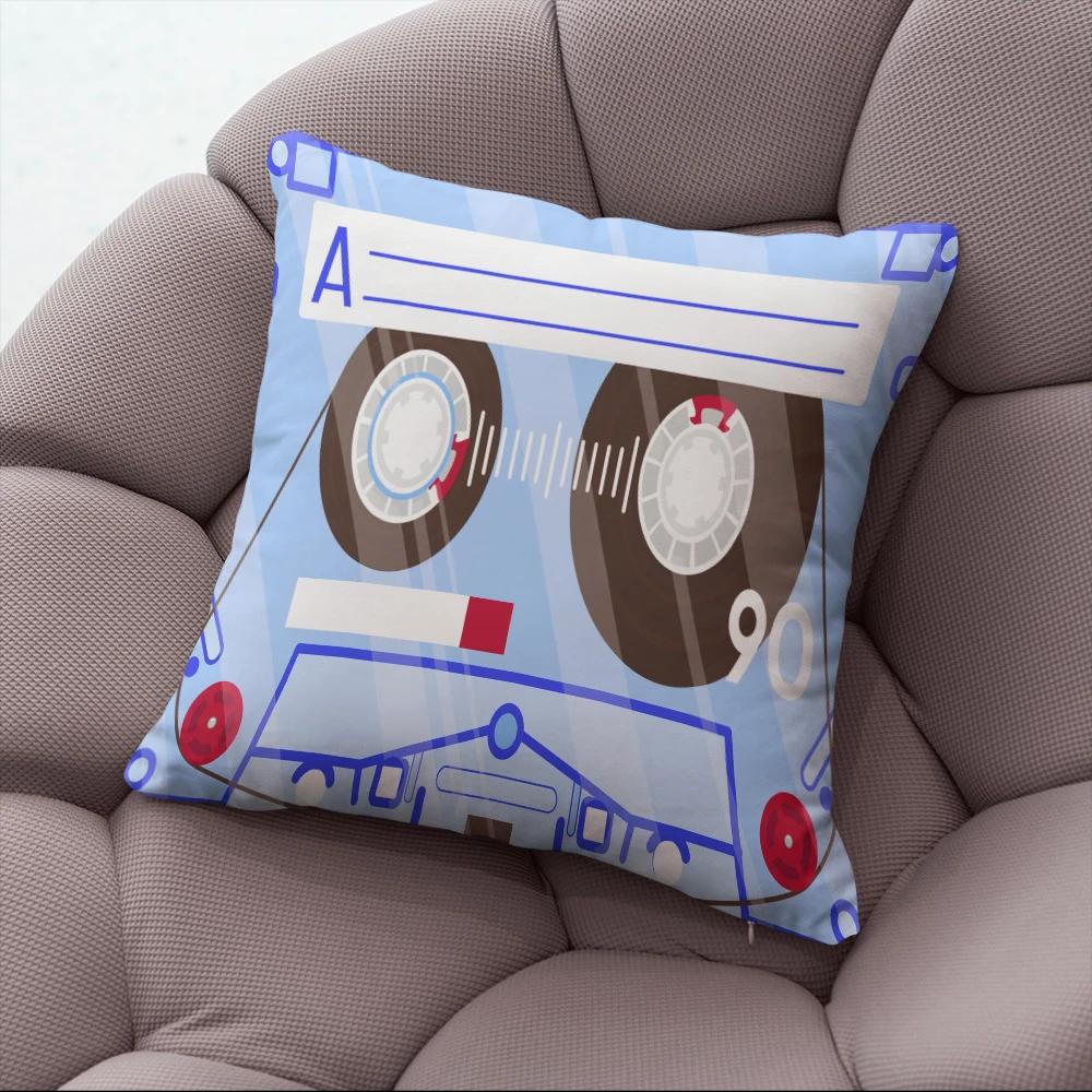 Fun Decorative Pillow Cover With Music Tape Print Cute Kawaii Camera Sofa Bedside Cushion Cover Short Plush Zipper Pillowcase