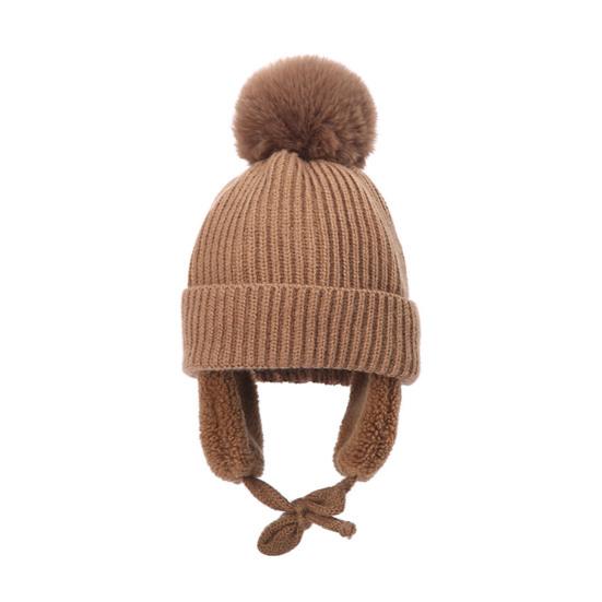 

Children Hat Thickened Wool Knit Hat with Pom-Pom Ball Decor Extended Ear Flaps Design Fleece Lining Warm Winter Hat коричневый