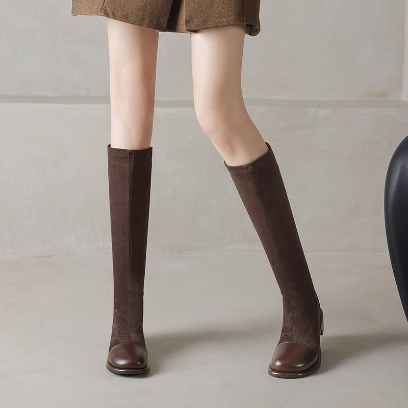 Krazing Pot Microfiber Autumn Winter Shoes Low Heels Size 43 Long Boots Half Boots Zip Stretch Thigh High Boots