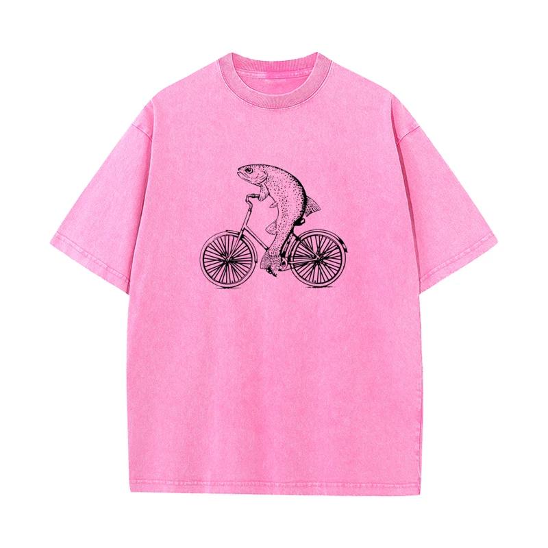 Tops Tees Washed Tops Shirt Bicycle Trout VALENTINE DAY Cotton Fabric O Neck Men Washed Retro T Shirts