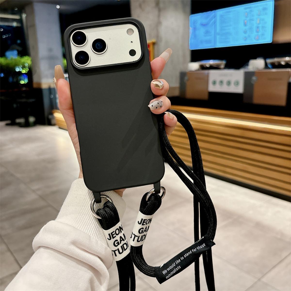 

Силиконовый чехол для телефона для IPhone 17 Air 16E 15 14 Plus 13 12 11 Pro 17 Pro Max конфетного цвета с ремешком-шнурком для ношения через плечо iPhone 15 Pro Max чёрный