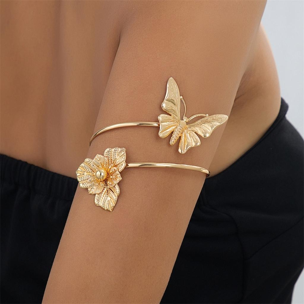 Overdreven Metalen Vlinder Bloem Arm Manchet Armbanden Voor Vrouwen Mannen Boheemse Textuur Bloemenblad Open Armband Armband Lichaam Sieraden