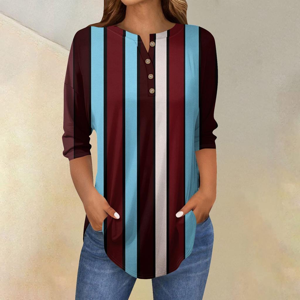 Damenmode Lässig Dreiviertelärmel Gestreift Bedruckt Rundhals T-Shirt Top