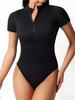 Seamless Ribbed Bodysuit with Stand-up Collar and Wide Shoulder, Sexy Back, Solid Color Jumpsuit