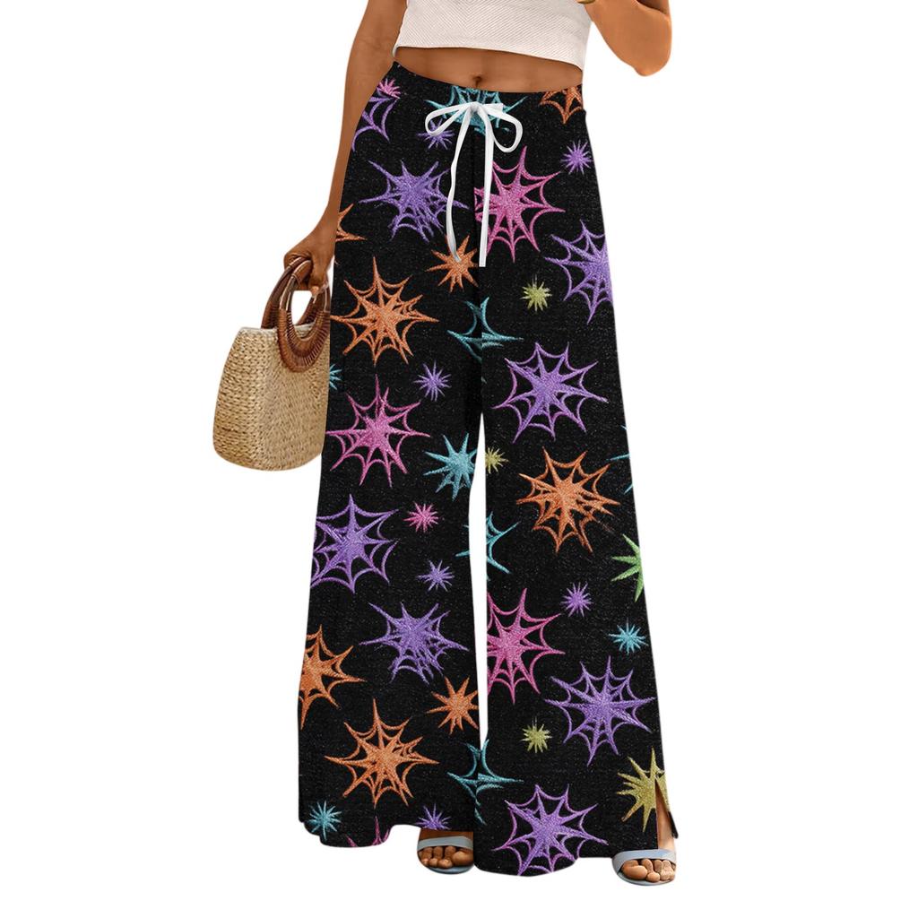 Ladies' Loose And Casual Halloween Printed Wide Leg Pants With Elastic Waistband Drawstring And Pocket Pants