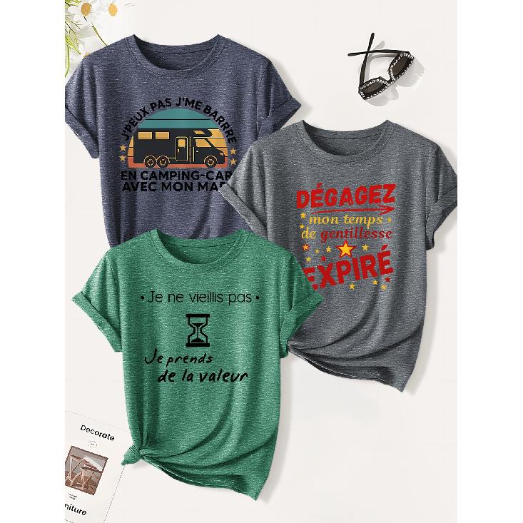 3 Pack of women's summer tops | Sarcastic and tongue-thwarting French print T Shirt | Cute and trendy casual round-neck short-sleeve suit | 2026