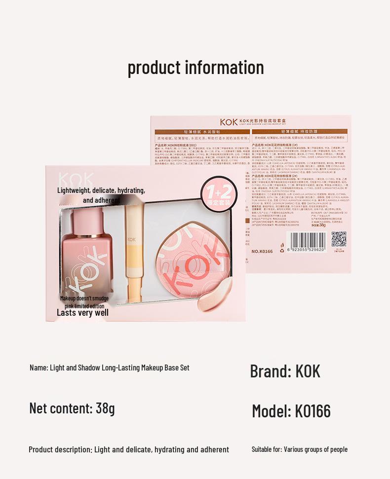 Zestaw baz pod makijaż KOK Radiant Long-Wear: Podkład, Korektor, Bronzer & Gąbeczka - Zestaw 4 sztuk.