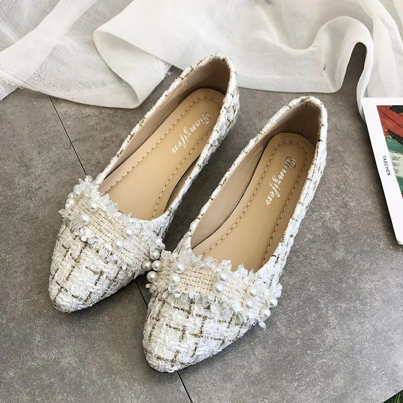 Fashion Women's Flat Shoes Pointed Toe Pearl With Heel Office 39 Luxury Brand Young Non Slip Discount Elegant Dress On Ladies Footwear