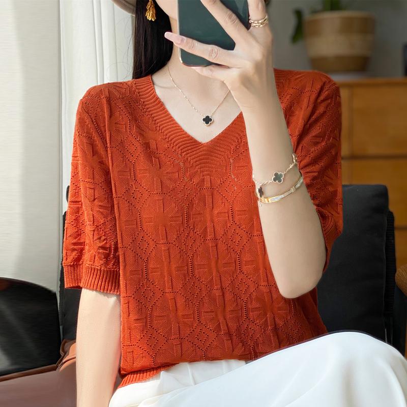 Women Knit T-shirt Summer Knitted Shirt Short Sleeve Tees V-neck Pullover Knit Tops Female