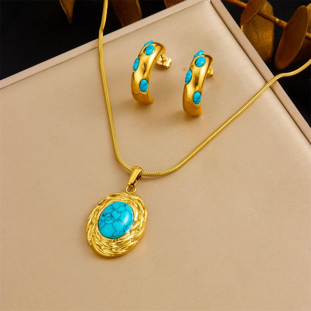 Vintage Heart Fan Shape Blue Turquoise Pearl Drop Earrings Necklace Set with Fashion Gold Accents