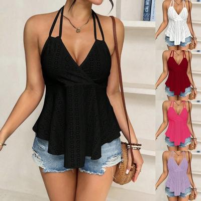Damen V-Ausschnitt Wickel-Tanktop Mit Lochstickerei Spaghettiträger Lässige Peplum Ärmellose Bluse