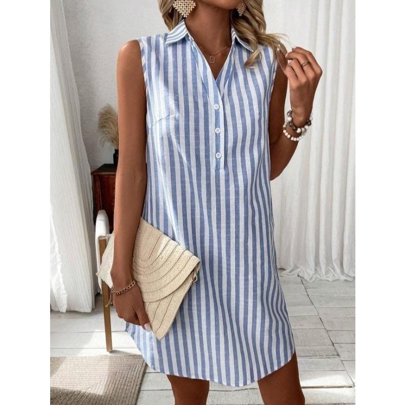 VEZFAA Moda Donna Estate Primavera Stampa a Righe Senza Maniche Collo Polo Vita Larga Abiti Casual