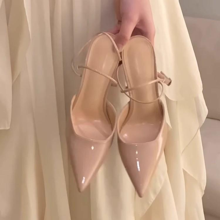 Summer sandals women's 2025 new pointed cross-strap nude patent leather high heels women's stiletto sexy sandals