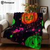 Neon Pumpkin Splatter Anime Cartoon Flannel Blanket Soft Warm Throw for Bedroom Sofa Car Kids Holiday Gift