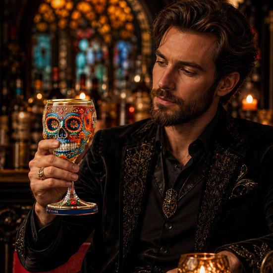 Gothic Skull Wine Glass, Hand Painted Skeleton Goblet, Day of The Dead Decor, Unique Bar Gift for Halloween