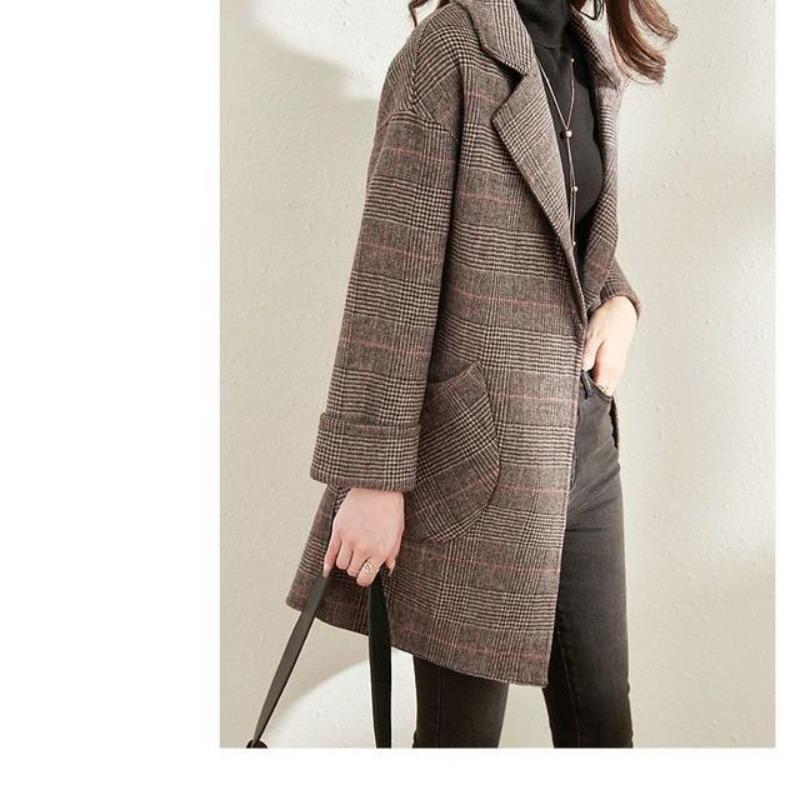 Houndstooth Wool Jacket for Women Mid-length Plaid Suit Woolen Coat