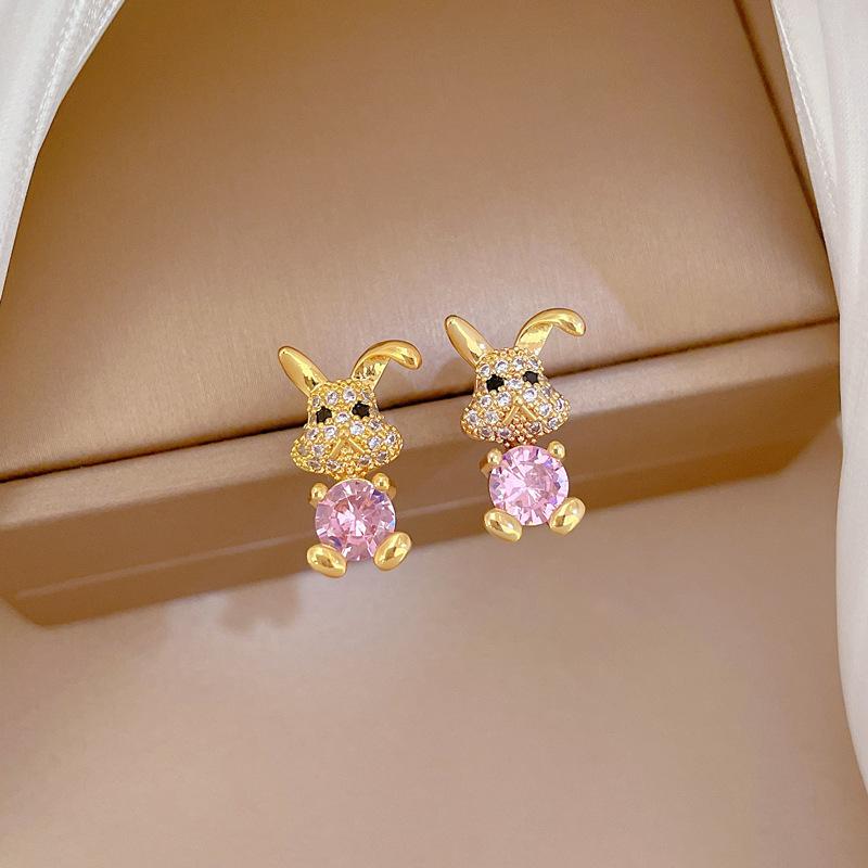 Pink Synthetic Zircon Rabbit Jewelry Sets Earrings Necklace for Women