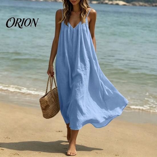 Slim Fit Summer Dress Women's Spaghetti Strap Beach Sundress, Sleeveless V Versatile Holiday Neck Cami Dress, Loose Flowy Vacation Long