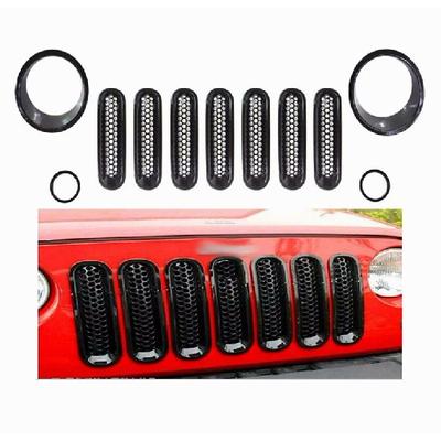 ABS Black Head Light Front Fog Light Lamp Cover Ring Trim and Front Grille Mesh Cove Headlightr Cover Trim for Jeep Wrangler