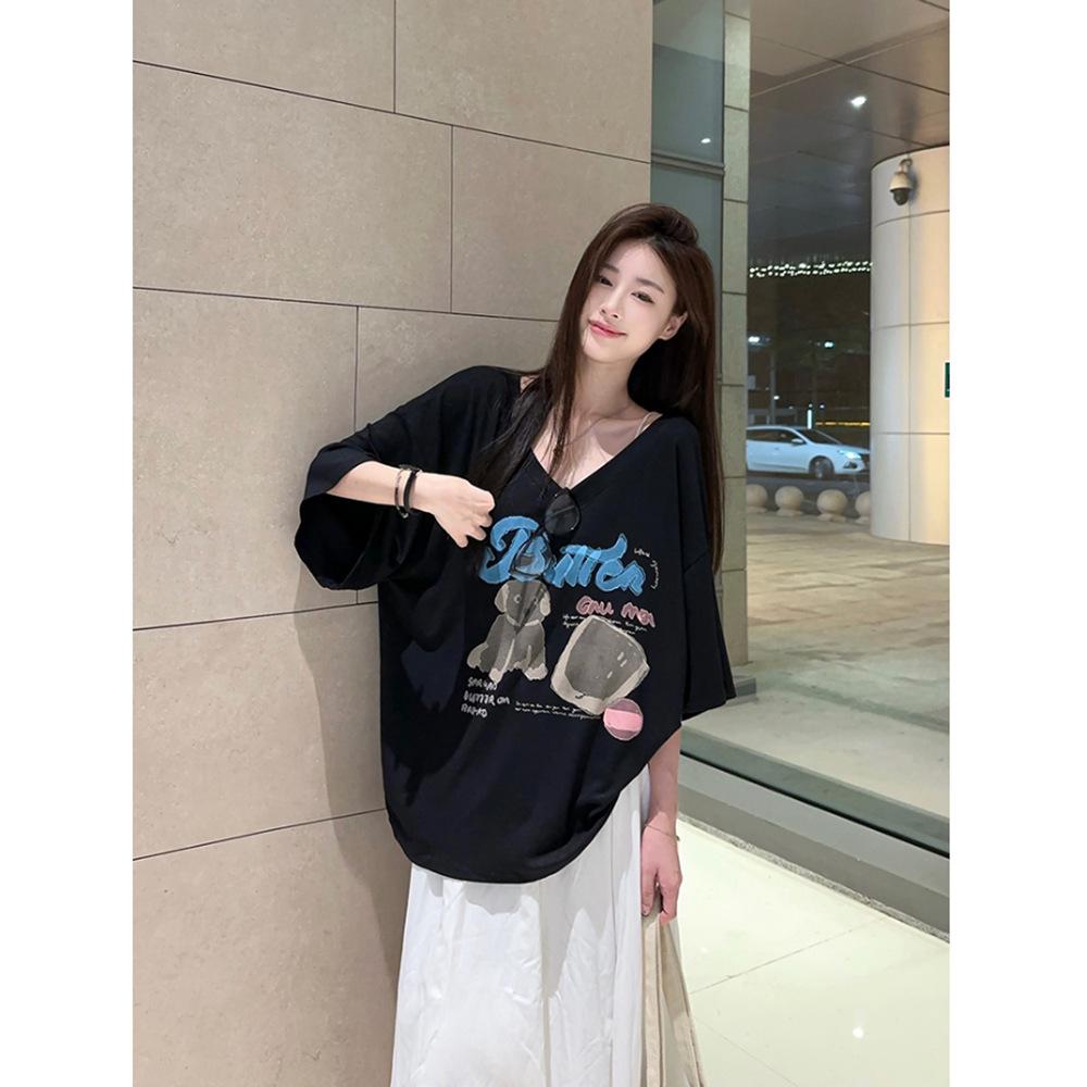 2025 Summer New Women's Influencer V-neck Loose Cartoon Print Short Sleeve T-shirt