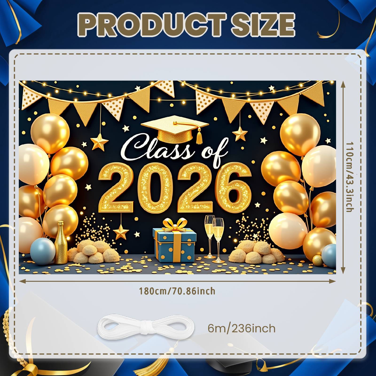 

Grad Event Backdrop Graduation Cap Class Of 2026 Background Graduation Display Gold Triangle Bunting Graduation Party Banner
