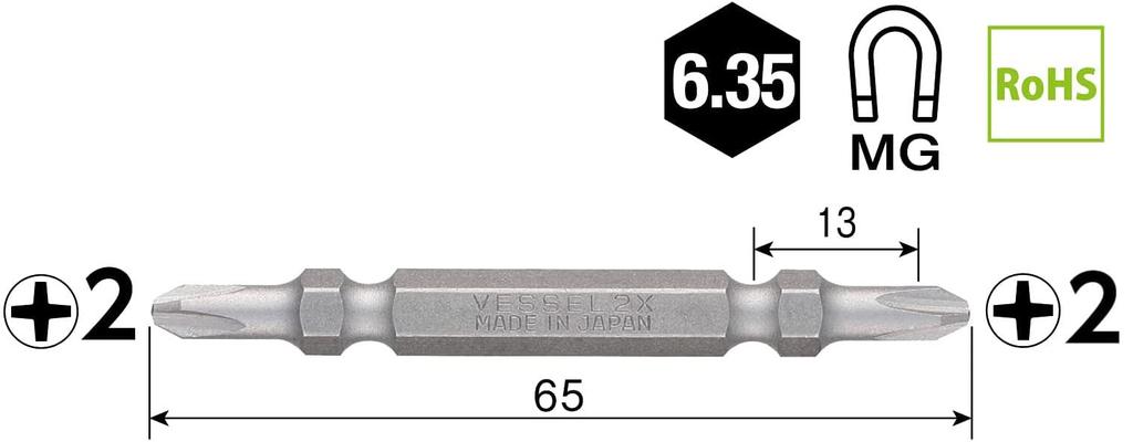 VESSEL 40V kompatibler Problemlösungsbit, gut sichtbarer Doppelkopfbit +2×65, 10er-Set, DS10P2065F