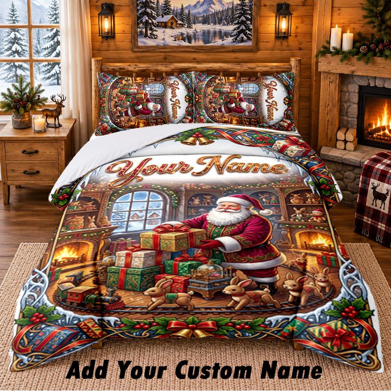 Christmas Custom Name Pattern Bedding 3Pcs Set Bed Sheet Pillowcases Indoor Bedroom Holiday Gift