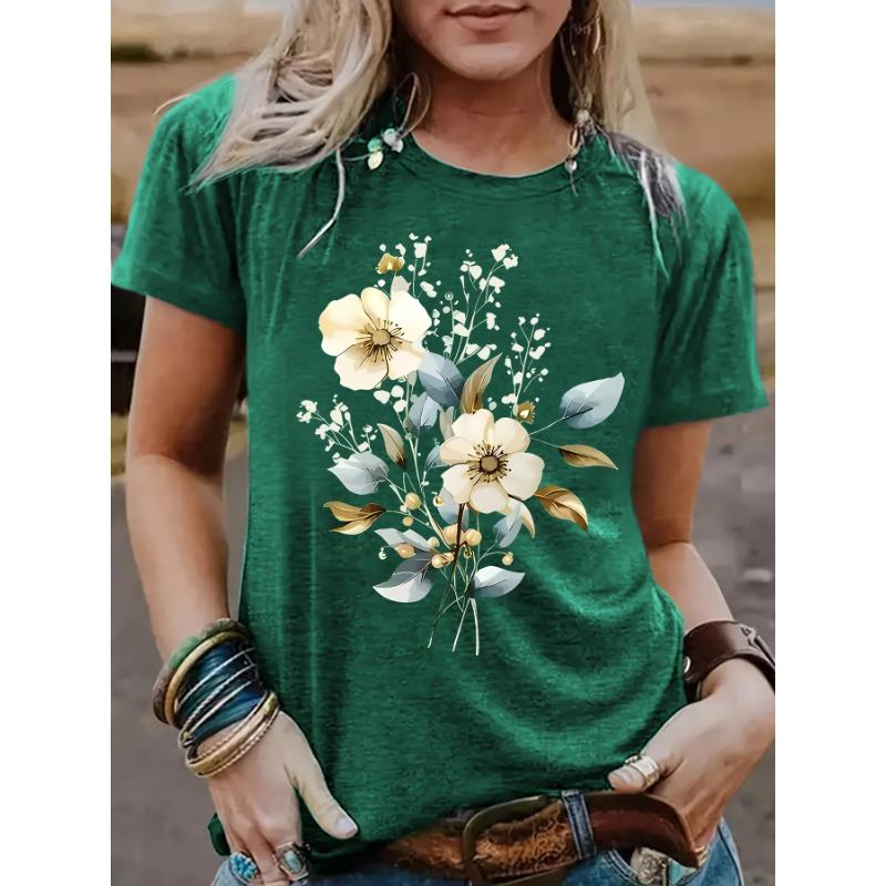 A New Summer Short-sleeved Women's T-shirt with Plant and Floral Prints