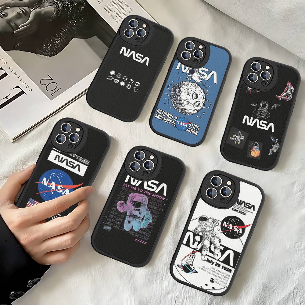 USA N-Nasa Leather Phone Case For IPhone 16 14 15 Pro Plus 13 12 11 Pro Max Silicone Cover