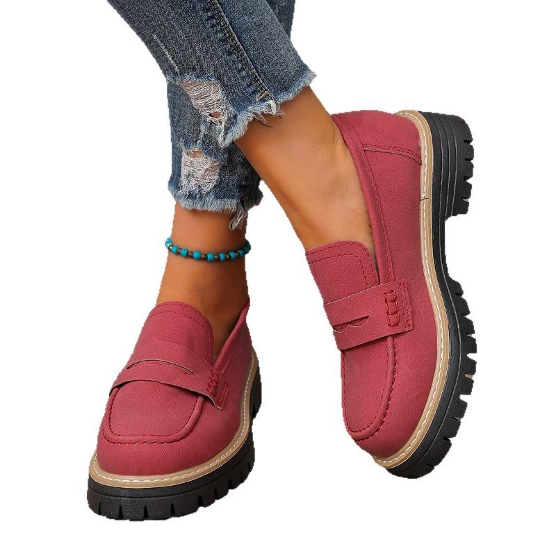 Women's Wide Width Chunky Heel Loafers - Suede Retro British Style Slip-On Shoes for Spring/Fall, Platform Casual Flats