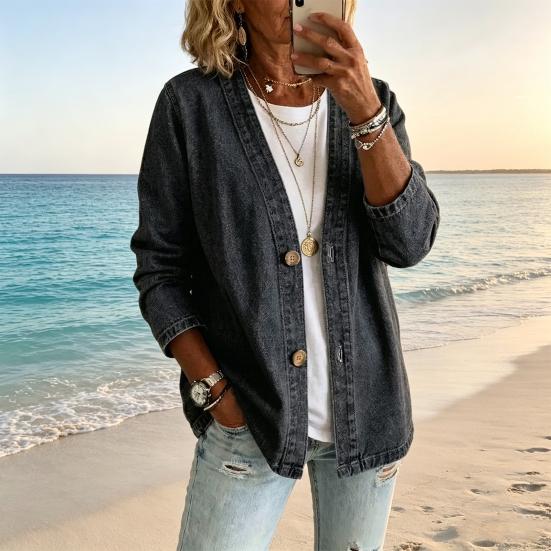 Giacca da Donna jijijing con Bottoni Frontali in Finto Denim, Cappotto Casual a Manica Lunga con Scollo a V, Cardigan Vintage Lento in Imitazione Jeans