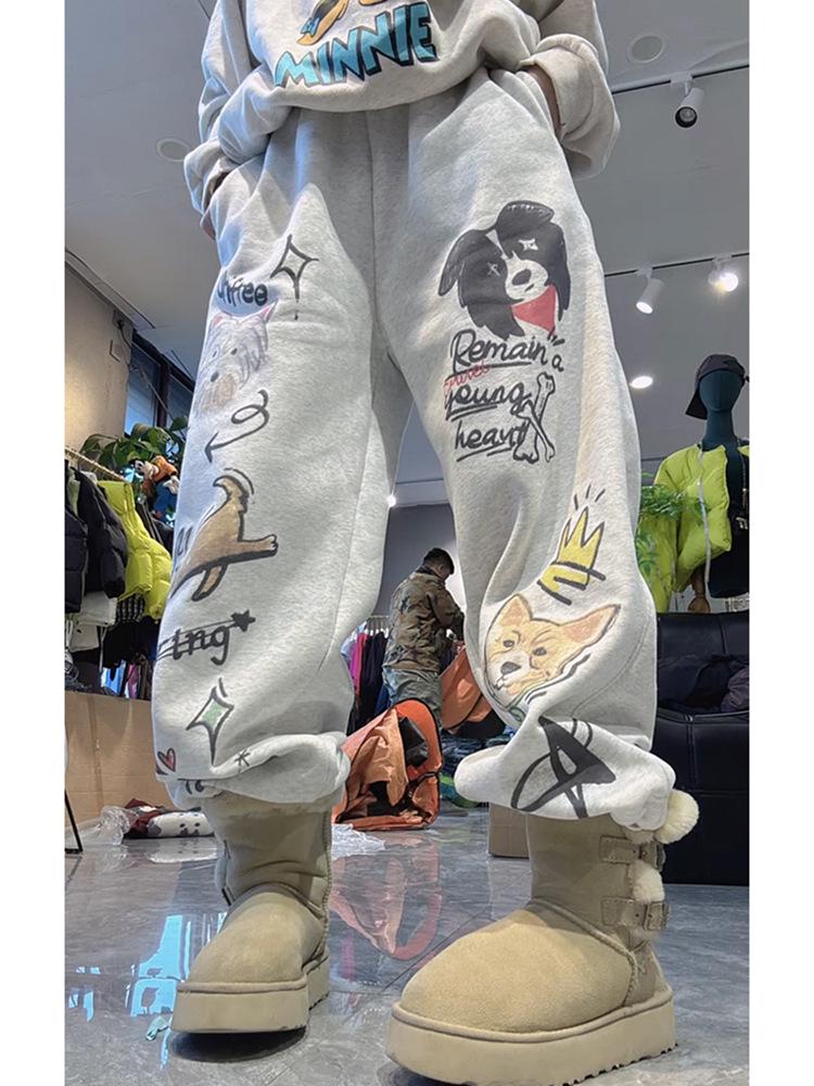 Plus Size Elastic Waist Fleece-Lined Sweatpants for Women - Autumn Winter Printed, Slimming, Casual Long Pants