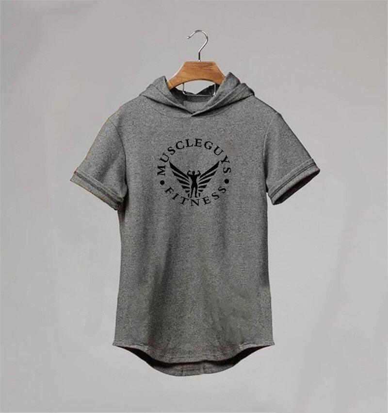 

Muscleguys Брендовая мужская одежда Дизайн с коротким рукавом Slim Fit Футболка Мужская хлопковая футболка с толстовками Фитнес-залы Футболка с капюшоном Мужская XXL серый