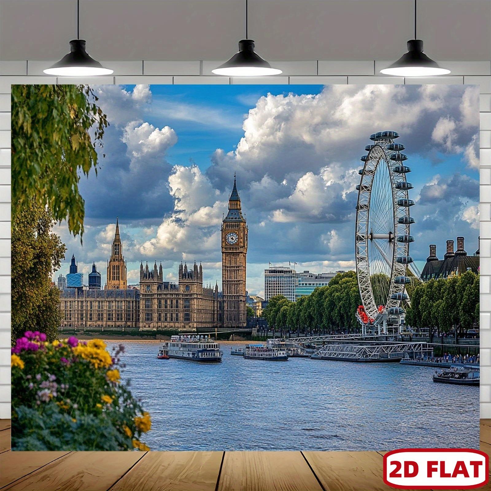 2D flat 1pc London Eye and Big Ben Thames photography background - Party banner with London skyline and the River Thames 130x150cm