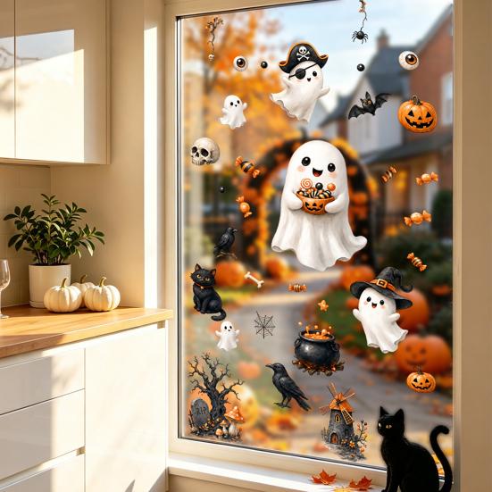 Creative Holiday Gifts Halloween Ghost Window Clings, Cute Pumpkin And Black Cat Static Stickers, PVC Party Atmosphere Props Waterproof Decals,