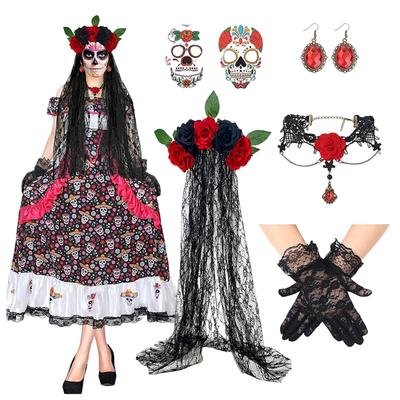 Halloween Stirnband Halskette Handschuhe Ohrringe Aufkleber 5-teiliges Kostümzubehör-Set für Damen Mädchen